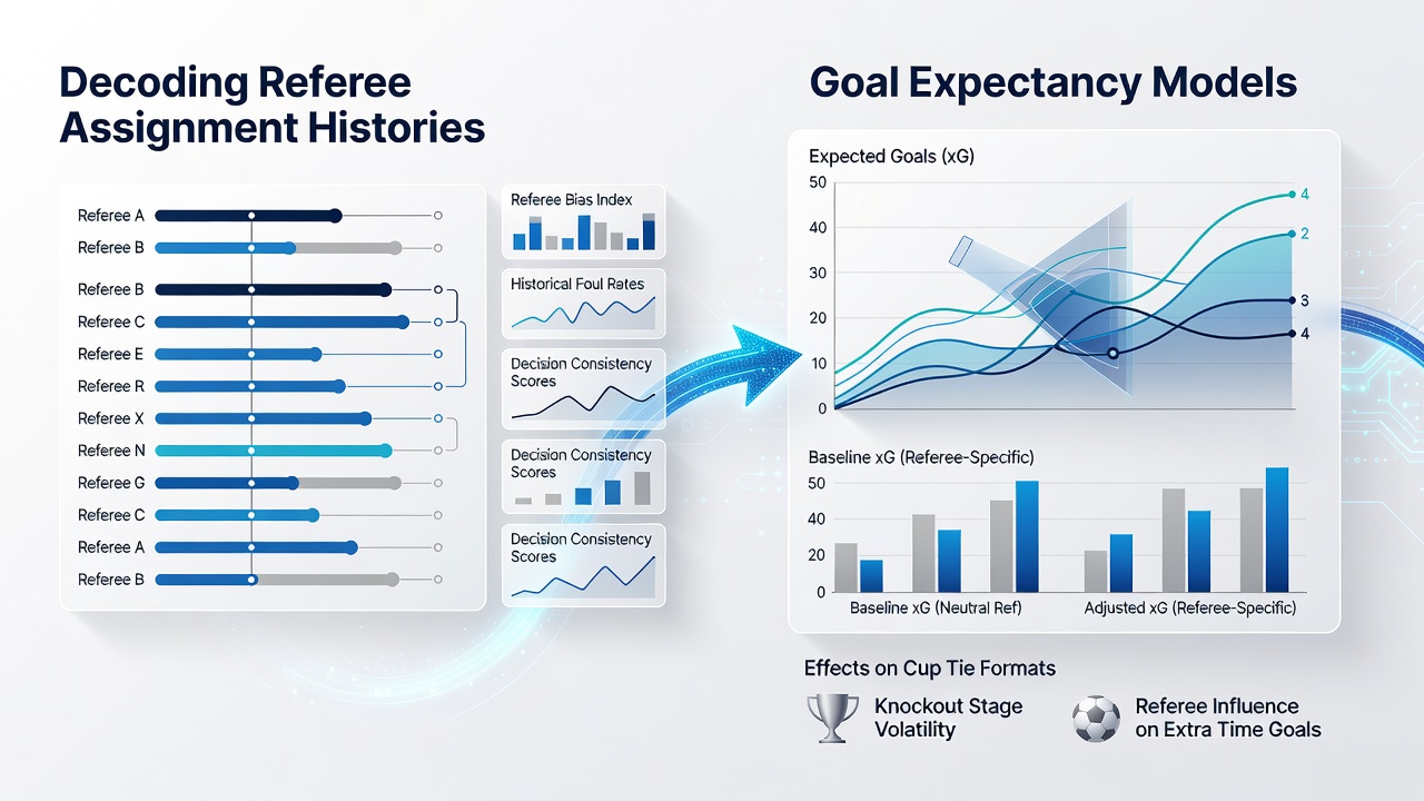Statistical dashboard displaying referee performance metrics and goal expectancy adjustments