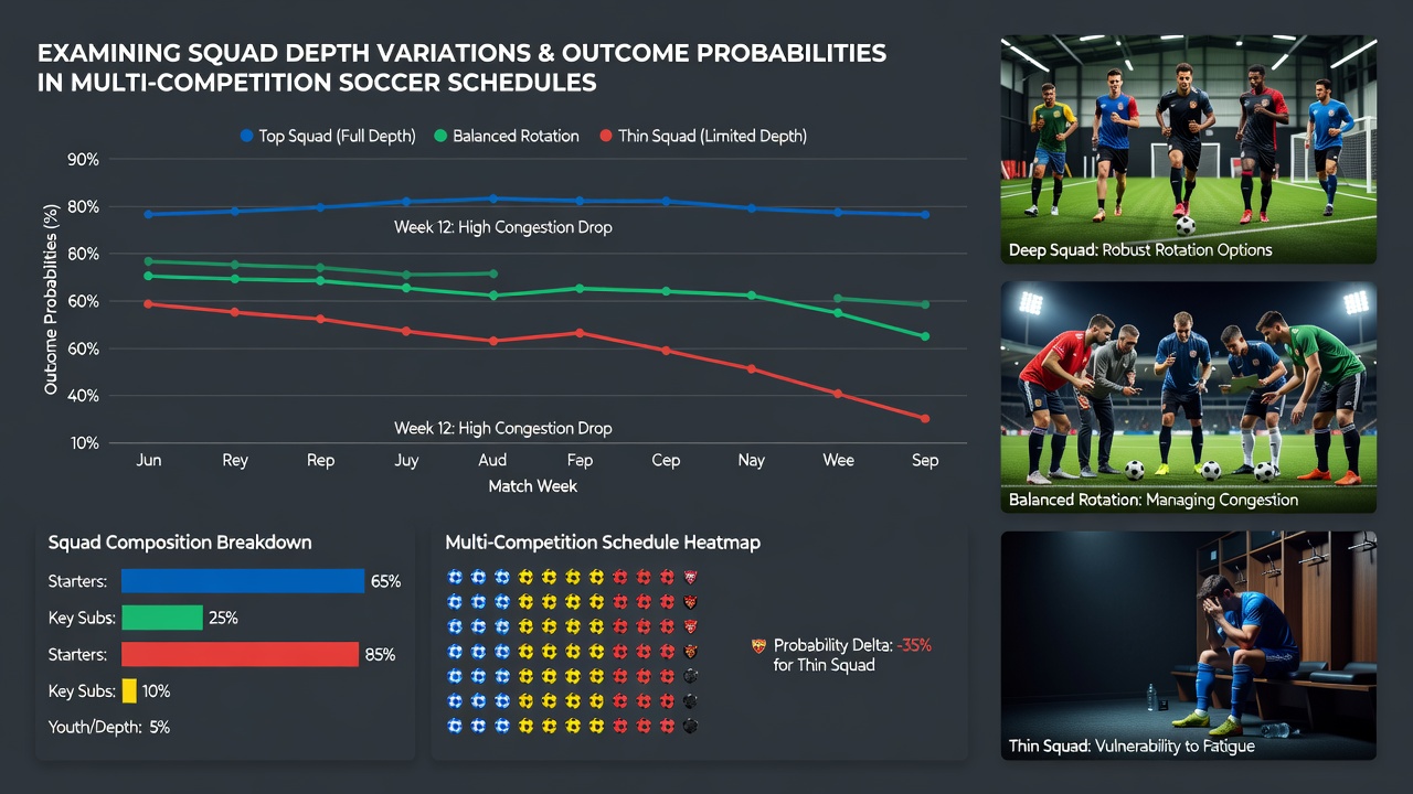 Coaching staff reviewing squad rotation data on tablets during a multi-competition period